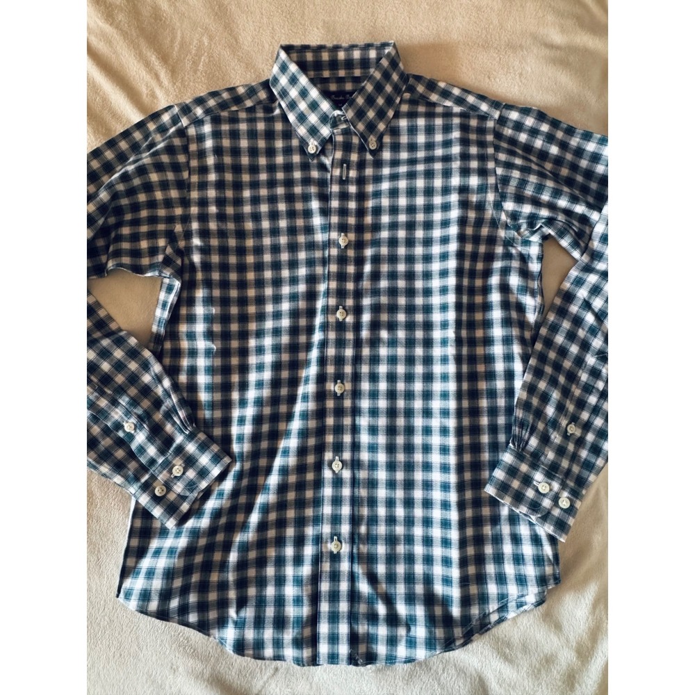 Brooks Brothers 346 Boys Green Navy Blue Plaid Non-Iron Cotton Shirt Size M